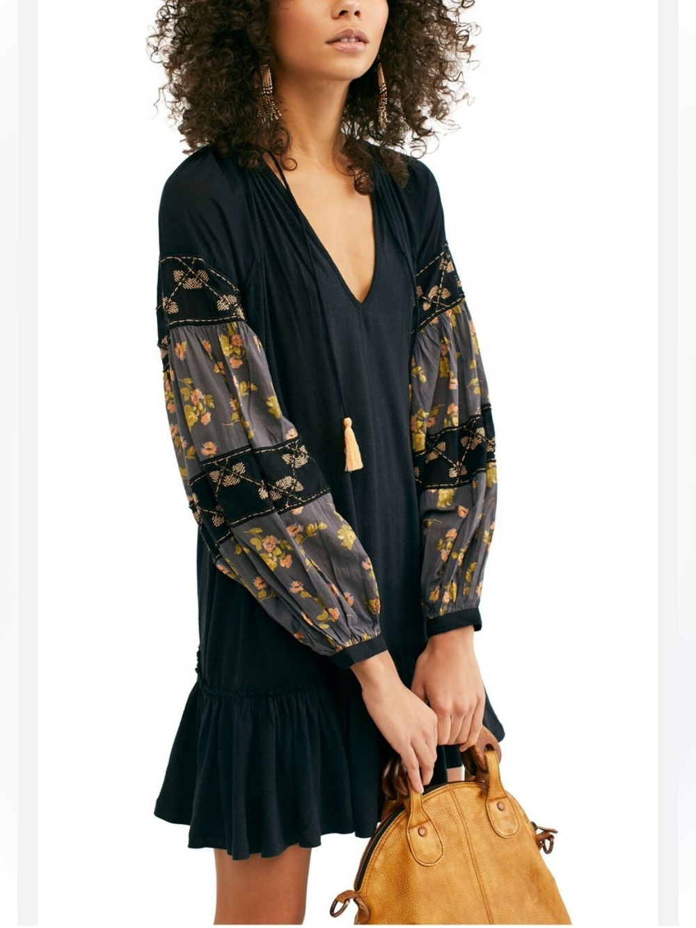 Free People L Mix It Up Black Peasant-Sleeve V-Neck Mini Dress Floral Sleeves